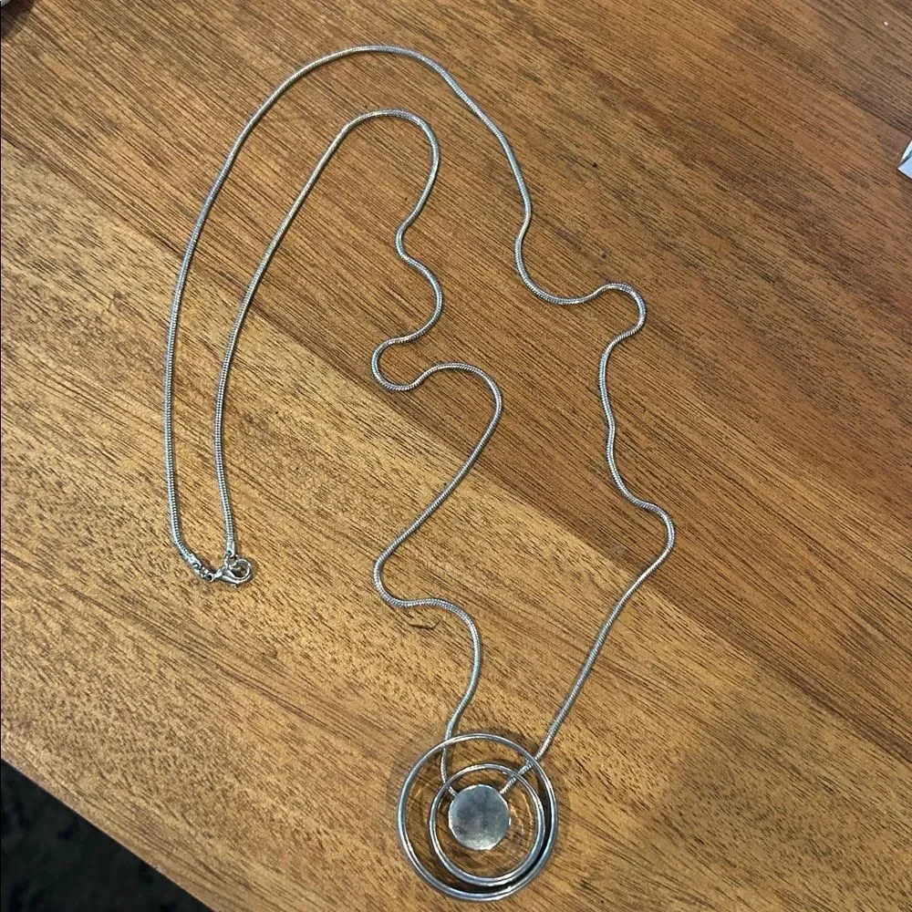 Silver Tone Circular Pendant Necklace 38” chain Statement Minimalist Unique
